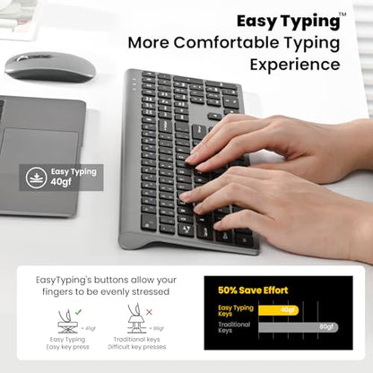 Rechargeable Wireless Keyboard, FullSize Scissor Switch Keyboard, Gray | QWERTY Layout Silent Keyboard, Ergonomic, 12 Multimedia Shortcut Keys for PC/Desktop/Laptop/Windows