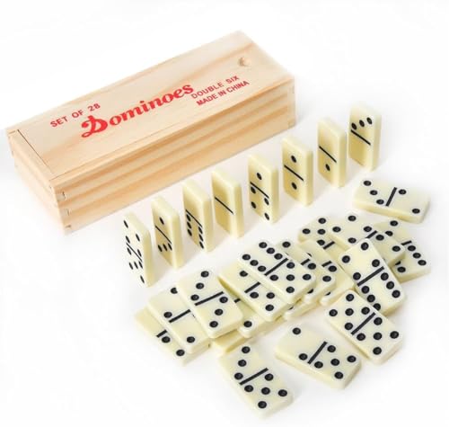 Dominos Set for Adults with Wood Box - Tile Dot Dominoes Games Set ，Classic Dominoes Set, 28 Tiles, Natural Wood and Ivory, Wooden Box Storage, Dominos Set for Adults