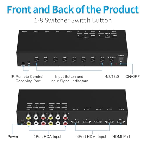 8-Input to 1-HDMI-Output Converter (Consisting of 4 AV Inputs and 4 HDMI Inputs) Switchbetween Quick Different Sources(8 in-1 Out) - style: 4HDMI+4AV to HDMI Converter