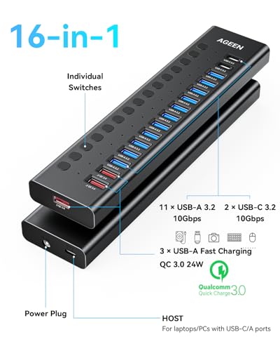 AGEEN 16-Port Powered USB 3.2 Hub-10Gbps SuperSpeed Data Splitter with 2 USB-C & 11 USB-A Ports, 3 x 24W QC 3.0 Fast Charging Ports, Individual On/Off Switches, 96W Power Adapter for Laptop, PC