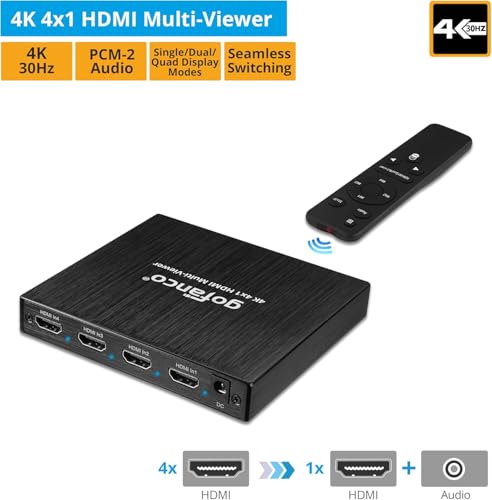 gofanco 4K 30Hz HDMI Multi Viewer 4 in 1 Out (QuadView4K) | View 4 HDMI Sources on One Screen, Quad/Dual/Single Modes, IR Remote - size: 4K30Hz 4 in 1 out, QuadView
