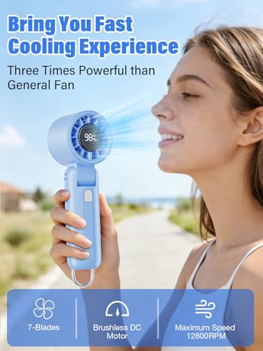 AI Handheld Fan Turbo, 100-Speed Portable Fan Rechargeable, Mini Fan with 12800 RPM Strong Airflow, Foldable 4-in-1 Personal Fan for Travel, Camping, Beach & Office, USB-C & Lightweight & Quiet - color: Blue