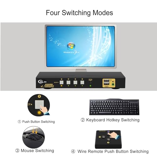 KVM Switch HDMI 4 Port wit Audio and 4 kit Cables, 4 Port HDMI KVM Switch Support 4K@60Hz 4:4:4, EDID, Hotkey Switching
