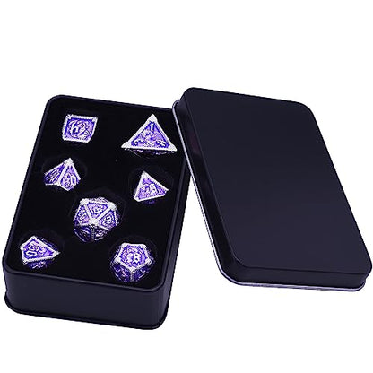 AUSTOR 7-Die Metal DND Dice Set Dungeons and Dragons Polyhedral Roll Playing Dice with Box D20 D12 D10 D% D8 D6 D4 for Pathfinder MTG RPG Board Games - color: Violet With Silver Edge