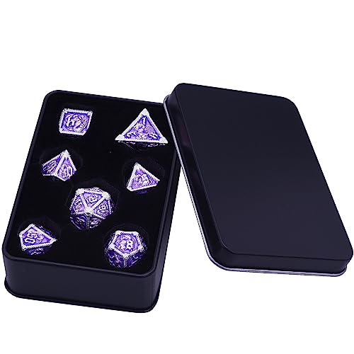AUSTOR 7-Die Metal DND Dice Set Dungeons and Dragons Polyhedral Roll Playing Dice with Box D20 D12 D10 D% D8 D6 D4 for Pathfinder MTG RPG Board Games - color: Violet With Silver Edge