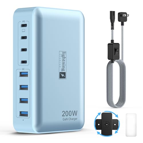 8-Port Multi Charging Stations 200W with Flat Plug, Braided Power Cord, and On/Off Switch- USB Charging Hub for iPhone, iPad, MacBook and More- 65W C Port Power Adapter for Laptops - color: Flat Charger 200W BLUE