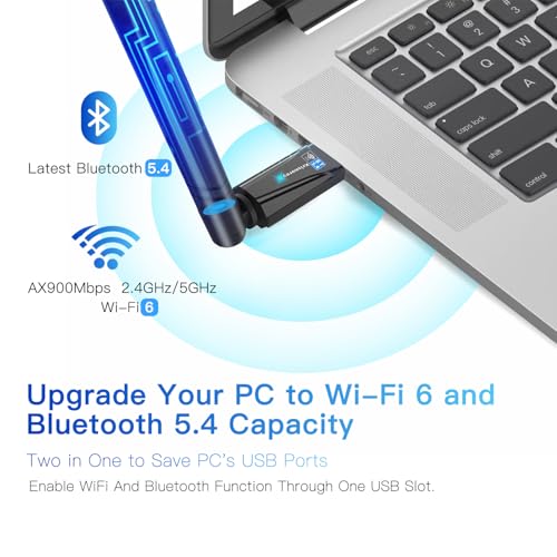 2-in-1 Wi-Fi 6 Bluetooth 5.4 USB Adapter for PC Laptop, 5dBi High Gain AX900 2.4G/5GHz Wireless WiFi Network Dongle Auto-Driver for Windows 11 10 Desktop, Plug n Pair Headset, Keyboard, Mice - size: Small Long Range Sized