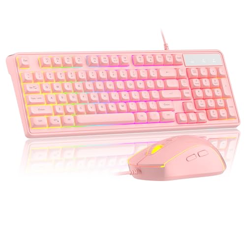 Pink Creamy Keyboard and Mouse Combo,MageGee GK980 Wired RGB Backlit Keyboard and Pink Gaming Mouse Combo,PC Keyboard and Adjustable Sensitivity Mouse for PC/loptop/MAC - color: Pink RGB