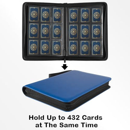 Prilino Ringless Trading Card Binder, 9 Pocket, 432 Storage Capacity, Blue | Premium Double-Sided PU Leather & Side Load Design, Smooth Page Turning, Tight Zip Closure, Conveniently Fits Sleeved Cards - color: Blue