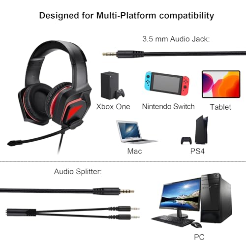 Stereo Wired Gaming Headset for PS4 PS5 New Xbox One Controller PSP PC Laptop Tablet, Over Ear 3.5mm Port Headphones with Mic, Bass Surround, Soft Memory Earmuffs,Red&Black