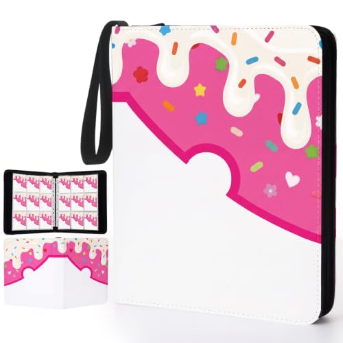 Pasimy 900 Pockets Card Binder for Trading Cards 9 Pockets with 50 Removable Sleeves 3 Ring Pink Donut Card Holder Binder with Zipper for Sport Collection Book Storage Album Organizer - color: Pink, size: 13.39 x 11.42 Inch, style: Donut