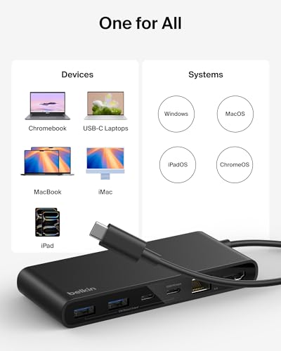 Belkin Connect 8-Port USB C Hub, Supports Display w/Resolutions up to 4K@60Hz - Works with Neo MacBook, Windows, Chromebook, & More - 100W PD w/ 10Gbps Data Transfer Speeds & 2.5Gbps Ethernet - Black - style: 8-in-1 USB-C Hub