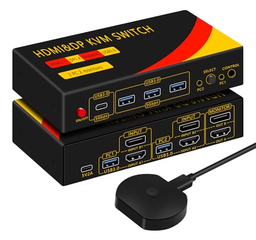 KVM Switch 2 Monitors 2 Computers with DP and HDMI | 8K@60HZ, USB3.0 with 1 USB C, DP and HDMI KVM Switches - size: 2 PC 2 Monitor-8K Red