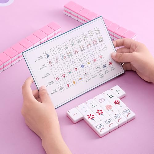 160 Pink Engraved American Mahjong Tiles Set with Carrying Bag and Accessories, 1.2’’ Mahjong Tile Set - color: 1-pink