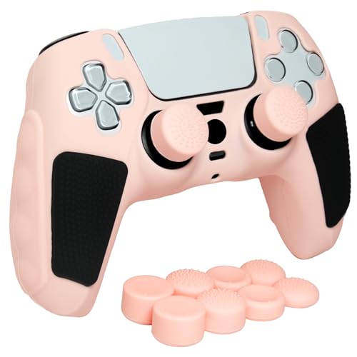 Anti-Slip Peach Pink PS5 Controller Skin,Soft Thicken Studded Protective Silicone Cover Skin Grips Compatible with PS5/Slim/Pro Controller and 8 PCS Thumb Grips Caps. - color: Peach Pink & Black