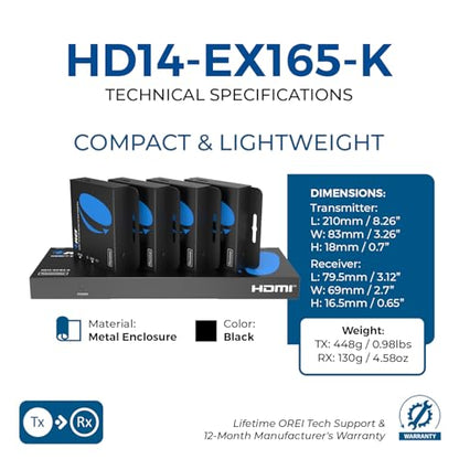 OREI 4K 1x4 HDMI Extender Splitter Over CAT6/7 Ethernet Cable Up to 4K@30Hz upto 165 ft-1080P@60Hz upto 230 ft, IR control, EDID, HDMI Loop Out (HD14-EX165-K) | HDMI Cat6 Converter, HDMI Over Cat5 – 10.2Gbps, HDR10, Dolby Vision, HLG, LPCM 7.1, Dolby True
