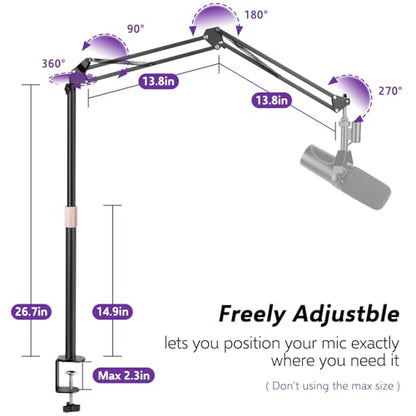 Adjustable Mic Boom Arm with Extendable Height Rod, Premium Microphone Stand for HyperX QuadCast, Shure MV7, Blue Yeti, Perfect for Podcasts, Streaming, Gaming, Recording