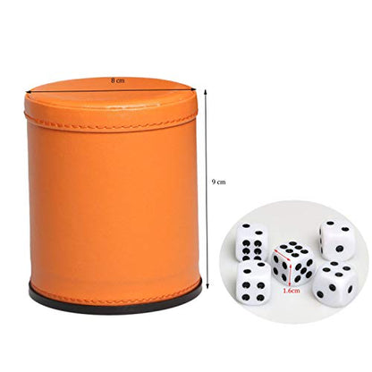 Felt Lined Dice Cup Set Orange PU Leather Dice Rolling Cup with 5 Standard Dot Dices Quiet Shaker for Farkle Yahtzee Bar Party Family Games Play - color: Orange
