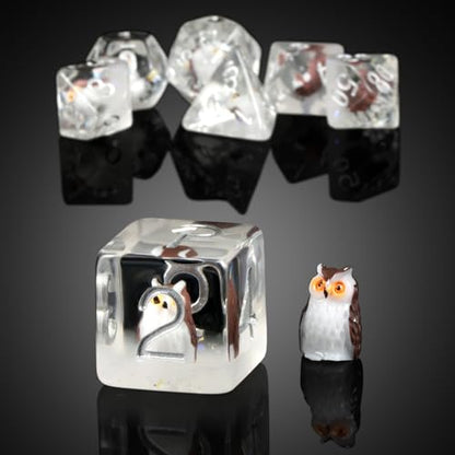 Owl DND Dice, DNDND 7PCS Resin D&D Dice with Velvet Bag for Dungeons and Dragons Role Playing Games and Tabletop Games（Owl - color: Owl
