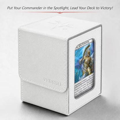 MTG Deck Box with Commander Display Window (White&Grey, 1 window) | Holds 120 Single/100 Double-Sleeved Cards, Fit MTG/PTCG/OPTCG Cards, Strong Magnet, PU Leather, With 2 Dividers & 1 Toploader - color: White and Grey