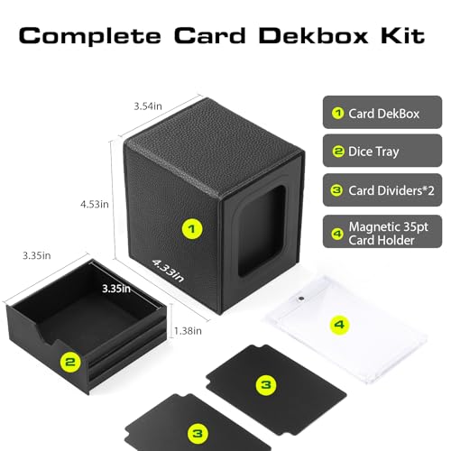 Patented MTG Commander DekBox, 100+ Double Sleeved Card Storage Box with Dice Tray, 35pt Card Holder & 2 Dividers - Magnetic Deck Case for TCG/CCG/Magic/Sports Cards, Black - color: Black
