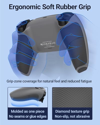 CHARM FOCUS Back Shell Grip Cover Compatible with PS5 Controller, Soft Rubber Overmold and Anti-Slip Diamond Texture, Seamless-Fit Replacement for PS5 Controller Shell, Gray - color: Gray