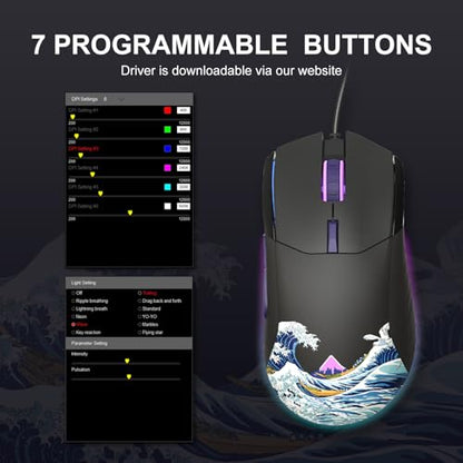 COSTOM Womier USB Wired Gaming Mouse for PC Computer Windows Mac Laptop, Lightweight Silent RGB Backlit Mouse with Adjustable 12000DPI/7 Programmable Side Buttons,Black Kanagawa Theme-G705 V2 - color: black 2