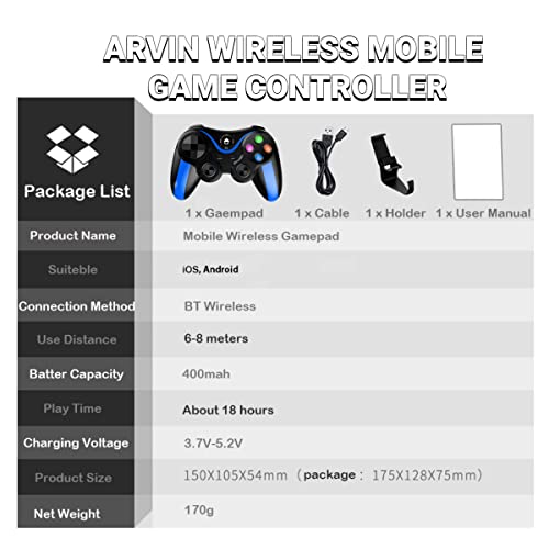 arVin Bluetooth Gamepad Controller for iPhone & Android with Phone Holder, 360 Joystick, 18 Hours Playtime - color: Blue