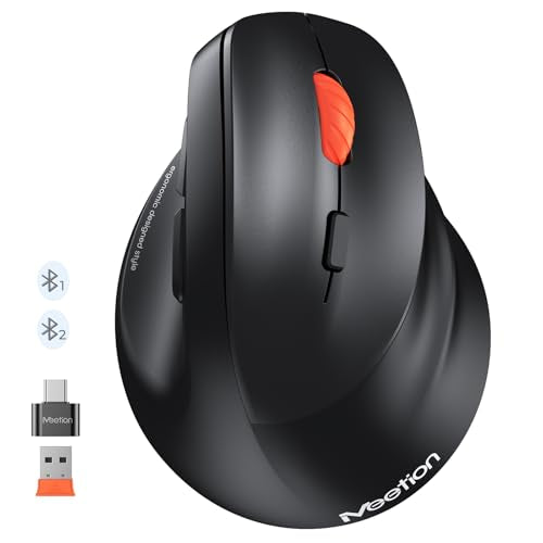 MEETION Ergonomic Mouse, Wireless Bluetooth Vertical Mouse with 3 Multi-Device for Bluetooth(5.3 * 2) & USB-A to USB-C Adapter, 4 DPI 1200-3200 Ergo Mice for Mac/Windows/Laptop/Computer(Large Hands) - color: Jet Black