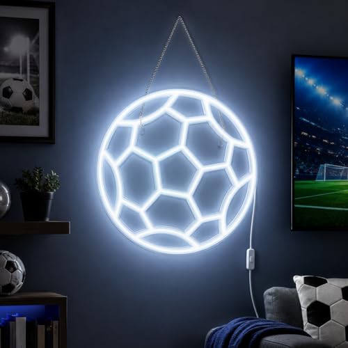 Soccer Ball Neon Sign, 12.6 Inch USB Soccer LED Neon Light, Cool White Soccer Room Decor for Boys Bedroom, Game Room, Patio, Soccer Party Decorations & Game Day Fan Wall Decor - color: Soccer Shape