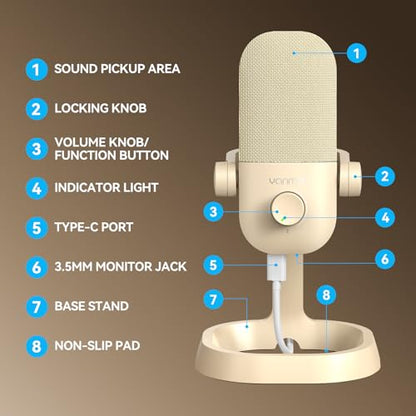 USB Microphone for PC, Plug & Play Cardioid Condenser Mic - color: Beige