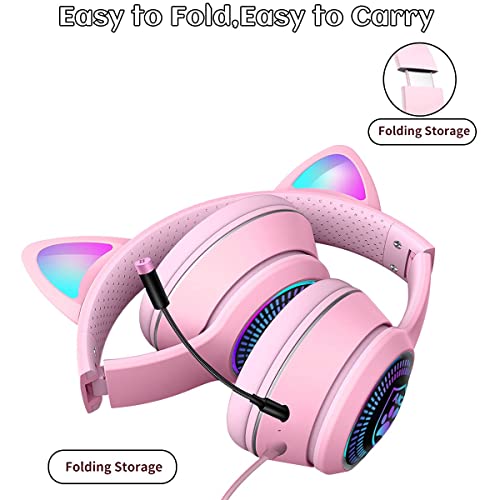 Cat Ear Gaming Headphones Wired AUX 3.5mm with LED Light, VIGROS Flashing Stereo Game Headphones Surround Sound Over-Ear Headsets with Microphone Fit Kids & Adult for PC, PS4, Switch, Mobile, Laptop - color: Pink