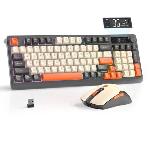 FREEWOLF T96 Smart Display Wireless Gaming Keyboard and Mouse Comb, 94Key LED Lighting Rechargeable Silent Membrane Keyboard with Knobs, 2000mAh Battery, 6-Button 4KDPI Mouse for Win/Mac(Glimmer) - color: Glimmer