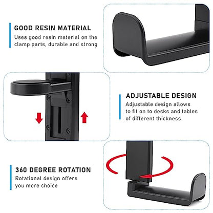Headphone Stand, Desktop Headset Holder 360° Rotating & Adjustable Arm Clamp, Gaming Headset Hanger with 2 Data Cable Protection Ropes, for Controllers and Headphones