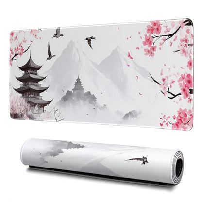 Retro Pagoda Cherry Blossom Watercolor Mouse Pad Abstract Big Mouse Pad 31.5x11.8 Inch Texture Non-Slip Rubber Base Large Mousepad Stitched Edges Keyboard Mouse Mat Desk Pad for Office and Home - color: Retro Pagoda Cherry Blossom