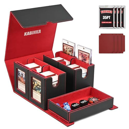 Kabinka Card Deck Box for MTG Commander, Holds 400+ Double-Sleeved Cards, 5 IN 1 Detachable Card Case with Dice Tray, Fits Magic/TCG Cards, 4 Magnetic Card Holders & Dividers (Black Red) - color: Black& Red