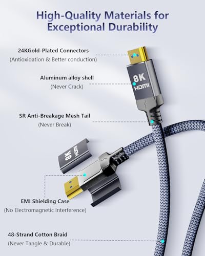10K 8K HDMI Cable 25FT Long, Certified Ultra High Speed HDMI 2.1 Cable Braided-8K@60Hz,4K@120Hz,eARC,48Gbps,HDCP 2.2 & 2.3,HDR 10,Compatible with PS5/Xbox/TV/RTX 4090/Monitor - size: 25FT