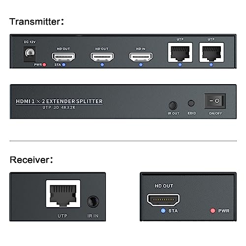 4K @60Hz HDMI Extender Splitter 1x2 Video by CAT5 CAT6 CAT7 Ethernet Cable | Extend 196ft, with IR, Support HDR10-Loop Out-Poc, Work with large UHD TVs, for Church, Classroom, Sports Events - size: 1x2 4K60Hz 196ft