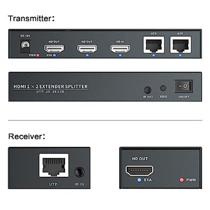 4K @60Hz HDMI Extender Splitter 1x2 Video by CAT5 CAT6 CAT7 Ethernet Cable | Extend 196ft, with IR, Support HDR10-Loop Out-Poc, Work with large UHD TVs, for Church, Classroom, Sports Events - size: 1x2 4K60Hz 196ft