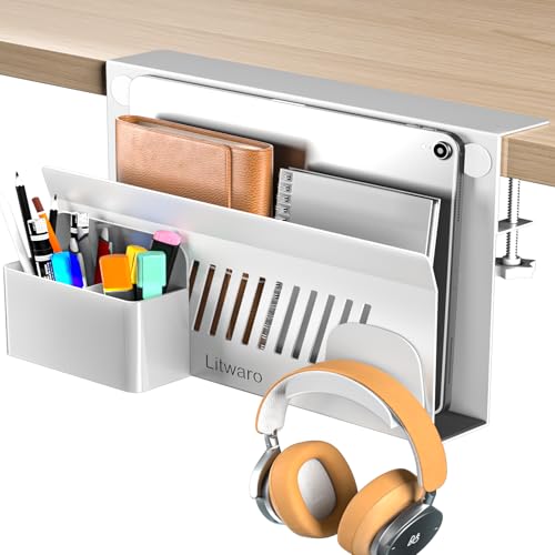 Litwaro Desk Side Storage Organizer, Under Desk Laptop Holder No Drill, Laptop Mount with Magnetic Pen Holder, Hanging Desk Organizer Fits Flat Edge Desks 0.4" to 2.1" (White) - color: White, size: 15.75"-1Tier