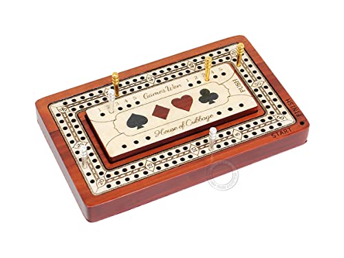 House of Cribbage - 2 Track - Wooden Travel/Pocket Size Cribbage Board - 4 Inch - Inlaid in Bloodwood/Maple Wood with Storage Space for Cribbage Pegs - 60 Points - Non Continuous
