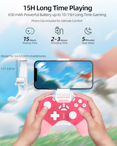 Hall Effect iPhone Controller with Phone Clip, Wireless Bluetooth Game Controller for Android/iPhone/Apple Arcade MFi Games/PC/Switch with Macro/Lock Joystick Speed/6-Axis/Motors/Turbo/ABXY FUN Switch - color: Pink