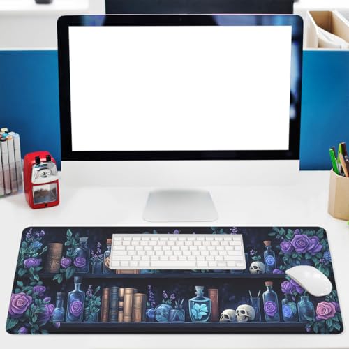 Bookshelf Gaming Mouse Pad Purple Roses Gothic Fantasy Potion Extended Mousepad Waterproof Stitched Edges Rubber Base Non-Slip Deskmap Computer Keyboard Mat 31.5x11.8 Inch - color: Bookshelf_06, size: 31.5L x 11.8W inches