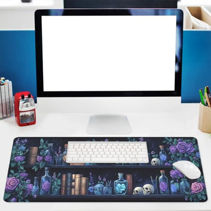 Bookshelf Gaming Mouse Pad Purple Roses Gothic Fantasy Potion Extended Mousepad Waterproof Stitched Edges Rubber Base Non-Slip Deskmap Computer Keyboard Mat 31.5x11.8 Inch - color: Bookshelf_06, size: 31.5L x 11.8W inches