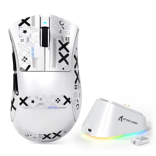 MAMBASNAKE Attack Shark V3 PRO 62g Superlight Wireless Gaming Mouse,RGB Charging Dock,BK52820 Tri-Mode BT/2.4G Wireless/Wired Mouse with Grip Tape,25000DPI,5 Programmable Buttons for Pc/Mac,White PRO - color: White&Stickers