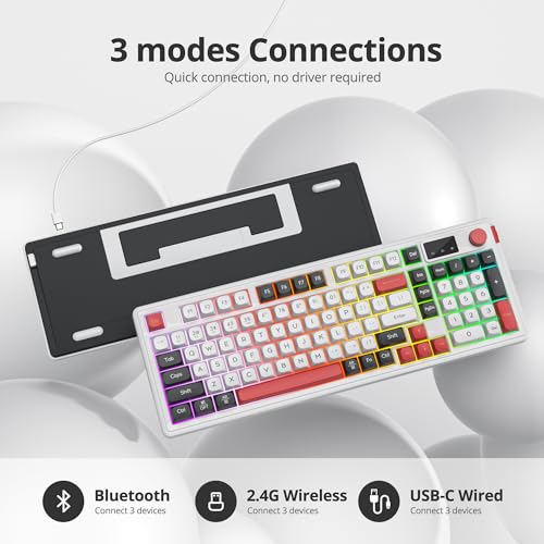 RGB Mechanical Feel Membrane Wireless Keyboard, Wired/Bluetooth/2.4G Silent ABS Ball Cap Gasket Structure Gaming Office Keyboard for PC/Mac/Win(98 White) - color: 98 White