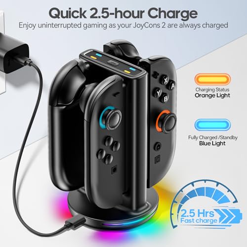 Switch 2 Joycon Charger with 9 RGBs, Switch 2 Controller Charger with Magnetic & Bi-Directional Design, 4 in 1 Joycon 2 Charging Dock Station Stand with Cable for Sega Genesis Console - size: M-Black-Switch 2 Base