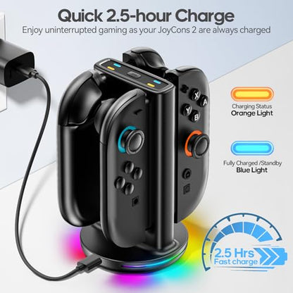 Switch 2 Joycon Charger with 9 RGBs, Switch 2 Controller Charger with Magnetic & Bi-Directional Design, 4 in 1 Joycon 2 Charging Dock Station Stand with Cable for Sega Genesis Console - size: M-Black-Switch 2 Base