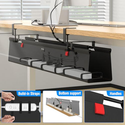 No Drill Under Desk Cable Management Tray, 20" Cord Management Tray with Cable Loop, Upgraded Oxford Fabric Wire Management for Standing Desk - No Damage to Table - size: 20 inch