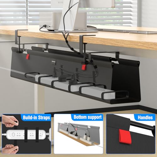 No Drill Under Desk Cable Management Tray, 48" Cord Management Tray with Cable Loop, Upgraded Oxford Fabric Wire Management for Standing Desk - No Damage to Table - size: 48 inch